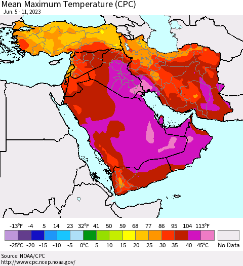 Middle East and Turkey Mean Maximum Temperature (CPC) Thematic Map For 6/5/2023 - 6/11/2023