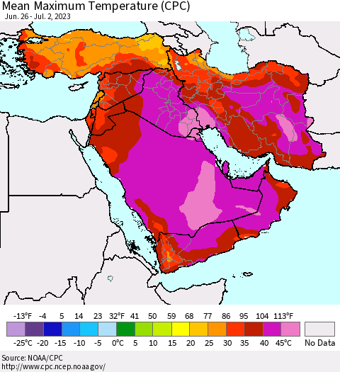 Middle East and Turkey Mean Maximum Temperature (CPC) Thematic Map For 6/26/2023 - 7/2/2023