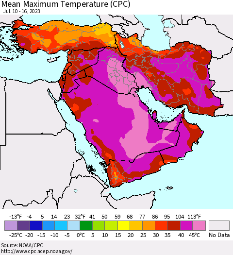 Middle East and Turkey Mean Maximum Temperature (CPC) Thematic Map For 7/10/2023 - 7/16/2023