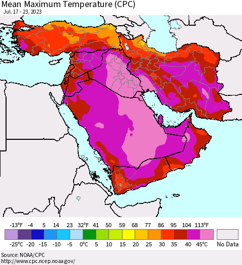 Middle East and Turkey Mean Maximum Temperature (CPC) Thematic Map For 7/17/2023 - 7/23/2023