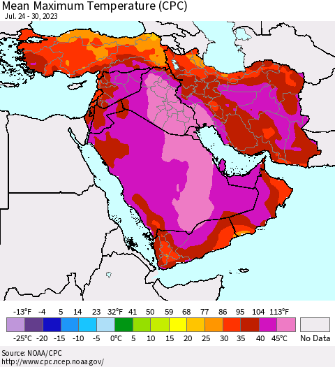 Middle East and Turkey Mean Maximum Temperature (CPC) Thematic Map For 7/24/2023 - 7/30/2023