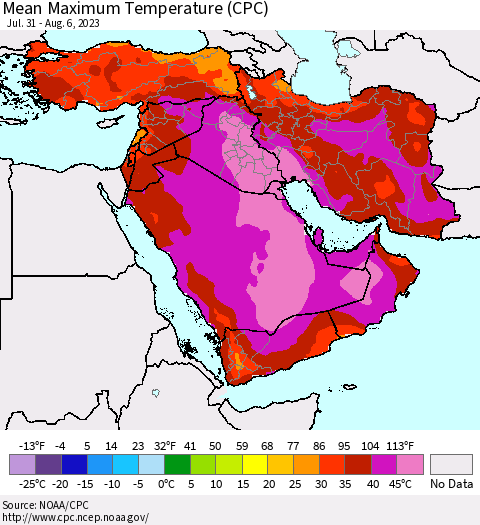 Middle East and Turkey Mean Maximum Temperature (CPC) Thematic Map For 7/31/2023 - 8/6/2023