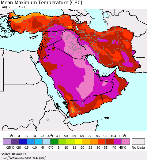 Middle East and Turkey Mean Maximum Temperature (CPC) Thematic Map For 8/7/2023 - 8/13/2023