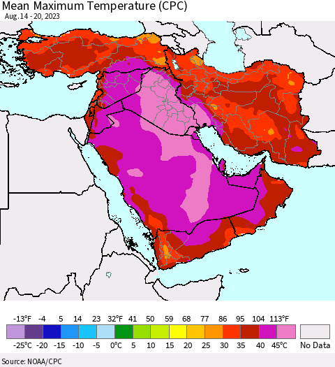 Middle East and Turkey Mean Maximum Temperature (CPC) Thematic Map For 8/14/2023 - 8/20/2023