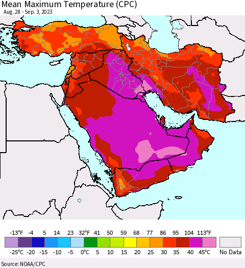 Middle East and Turkey Mean Maximum Temperature (CPC) Thematic Map For 8/28/2023 - 9/3/2023