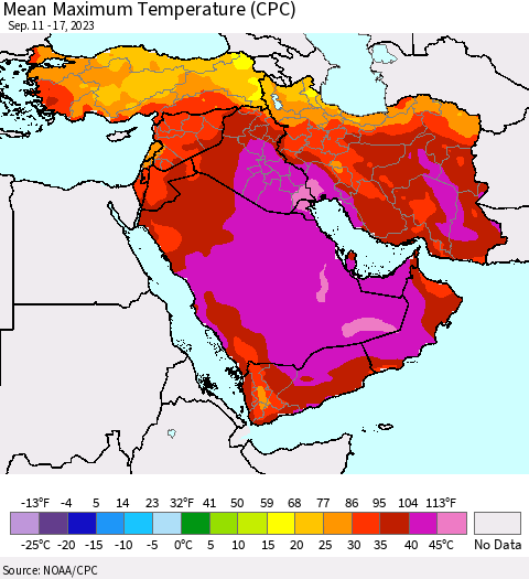Middle East and Turkey Mean Maximum Temperature (CPC) Thematic Map For 9/11/2023 - 9/17/2023