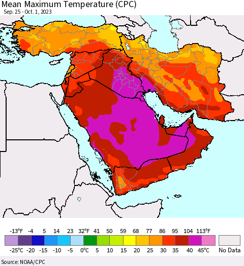 Middle East and Turkey Mean Maximum Temperature (CPC) Thematic Map For 9/25/2023 - 10/1/2023