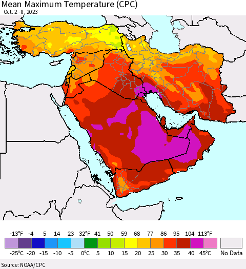 Middle East and Turkey Mean Maximum Temperature (CPC) Thematic Map For 10/2/2023 - 10/8/2023
