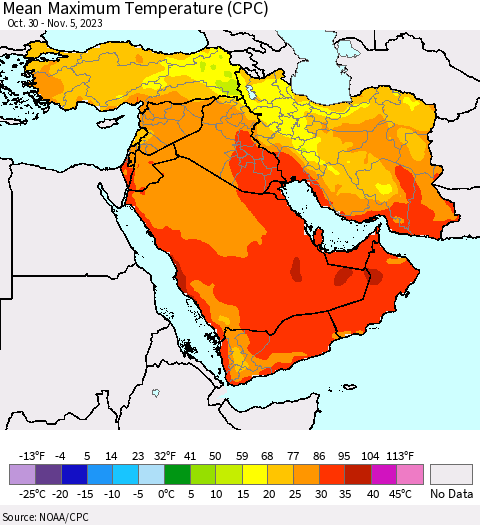 Middle East and Turkey Mean Maximum Temperature (CPC) Thematic Map For 10/30/2023 - 11/5/2023