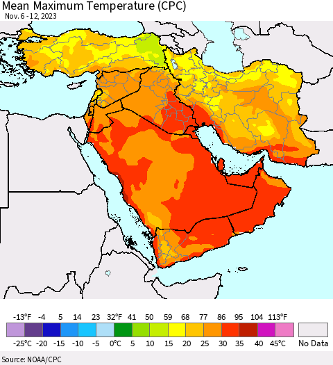Middle East and Turkey Mean Maximum Temperature (CPC) Thematic Map For 11/6/2023 - 11/12/2023