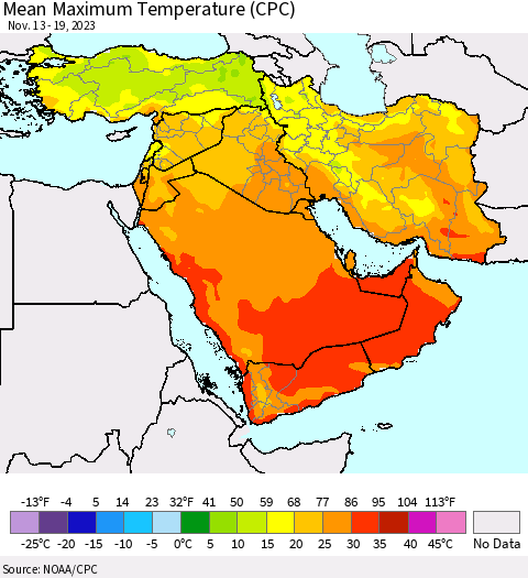 Middle East and Turkey Mean Maximum Temperature (CPC) Thematic Map For 11/13/2023 - 11/19/2023