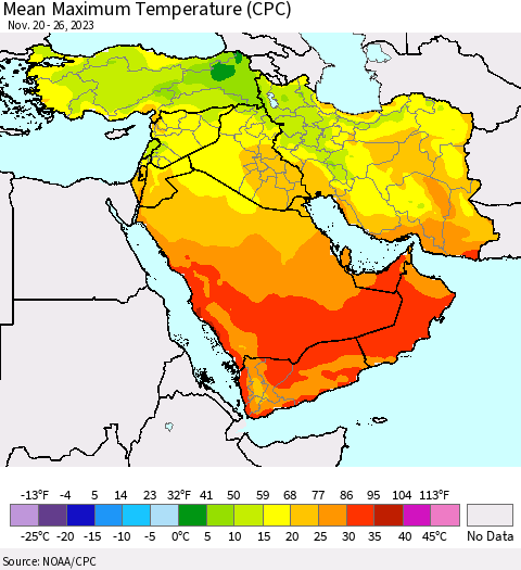 Middle East and Turkey Mean Maximum Temperature (CPC) Thematic Map For 11/20/2023 - 11/26/2023