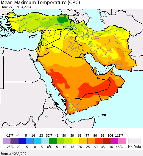 Middle East and Turkey Mean Maximum Temperature (CPC) Thematic Map For 11/27/2023 - 12/3/2023