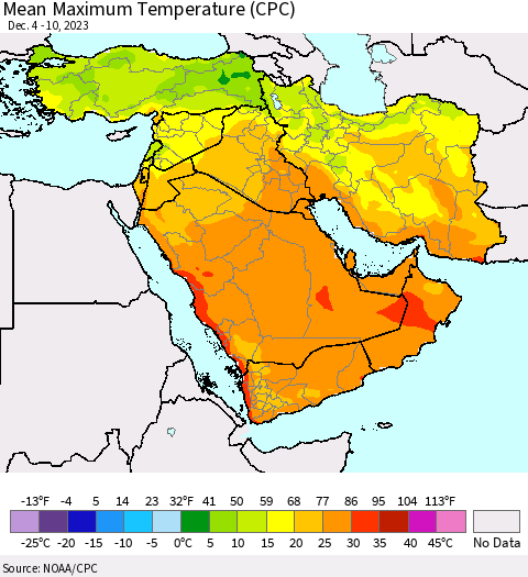Middle East and Turkey Mean Maximum Temperature (CPC) Thematic Map For 12/4/2023 - 12/10/2023