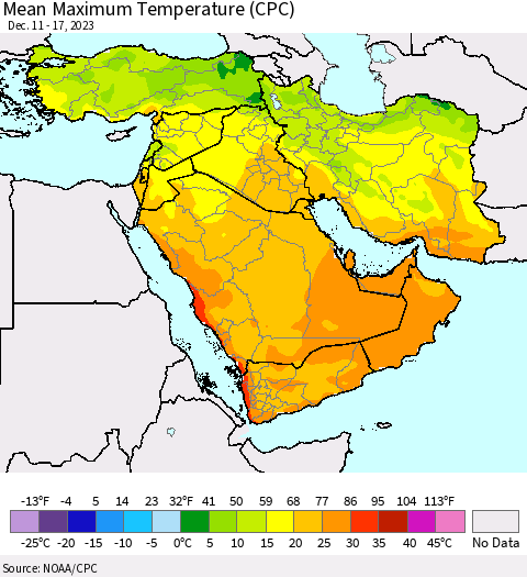 Middle East and Turkey Mean Maximum Temperature (CPC) Thematic Map For 12/11/2023 - 12/17/2023