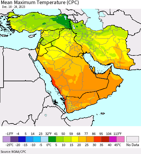 Middle East and Turkey Mean Maximum Temperature (CPC) Thematic Map For 12/18/2023 - 12/24/2023