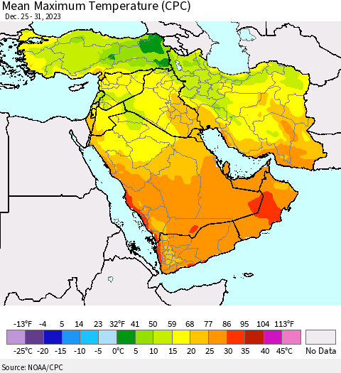 Middle East and Turkey Mean Maximum Temperature (CPC) Thematic Map For 12/25/2023 - 12/31/2023