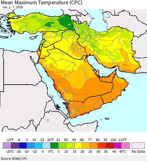 Middle East and Turkey Mean Maximum Temperature (CPC) Thematic Map For 1/1/2024 - 1/7/2024
