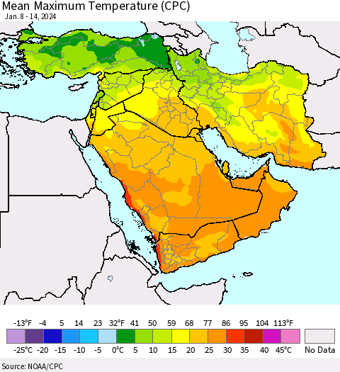 Middle East and Turkey Mean Maximum Temperature (CPC) Thematic Map For 1/8/2024 - 1/14/2024