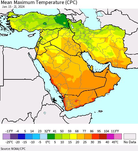Middle East and Turkey Mean Maximum Temperature (CPC) Thematic Map For 1/15/2024 - 1/21/2024