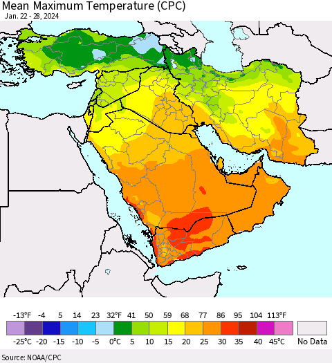 Middle East and Turkey Mean Maximum Temperature (CPC) Thematic Map For 1/22/2024 - 1/28/2024