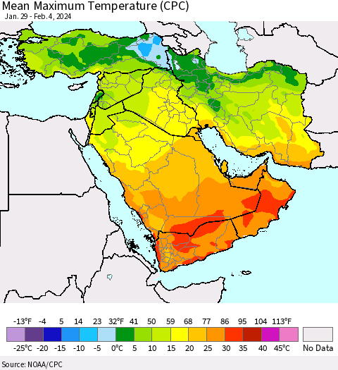 Middle East and Turkey Mean Maximum Temperature (CPC) Thematic Map For 1/29/2024 - 2/4/2024