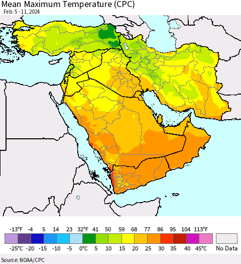 Middle East and Turkey Mean Maximum Temperature (CPC) Thematic Map For 2/5/2024 - 2/11/2024