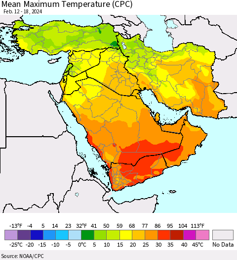 Middle East and Turkey Mean Maximum Temperature (CPC) Thematic Map For 2/12/2024 - 2/18/2024