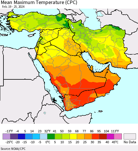 Middle East and Turkey Mean Maximum Temperature (CPC) Thematic Map For 2/19/2024 - 2/25/2024