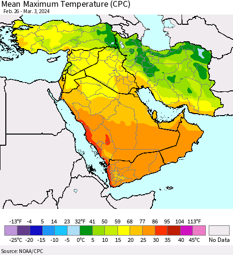 Middle East and Turkey Mean Maximum Temperature (CPC) Thematic Map For 2/26/2024 - 3/3/2024