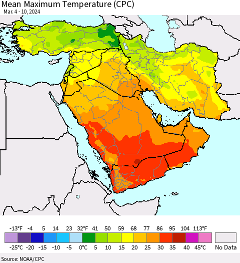 Middle East and Turkey Mean Maximum Temperature (CPC) Thematic Map For 3/4/2024 - 3/10/2024