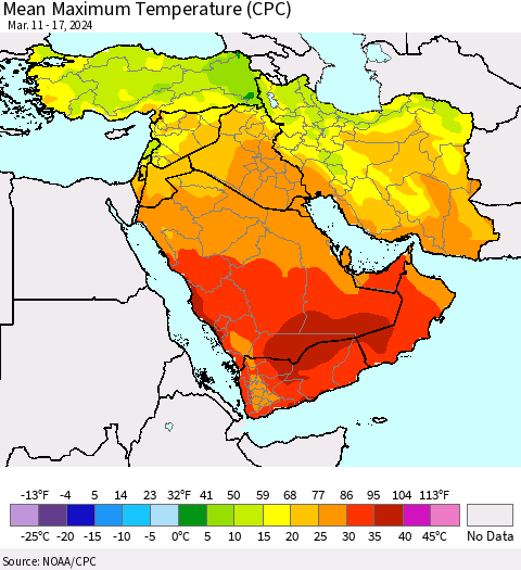 Middle East and Turkey Mean Maximum Temperature (CPC) Thematic Map For 3/11/2024 - 3/17/2024
