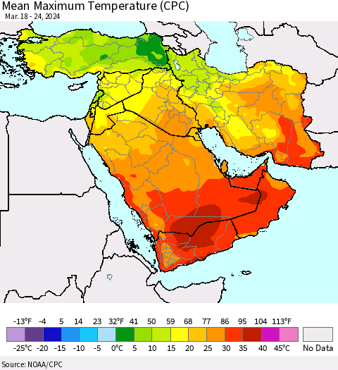 Middle East and Turkey Mean Maximum Temperature (CPC) Thematic Map For 3/18/2024 - 3/24/2024