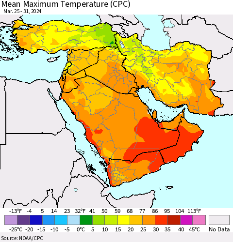 Middle East and Turkey Mean Maximum Temperature (CPC) Thematic Map For 3/25/2024 - 3/31/2024