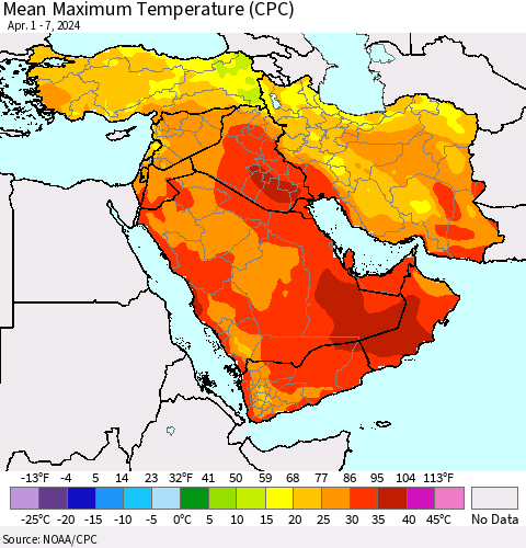 Middle East and Turkey Mean Maximum Temperature (CPC) Thematic Map For 4/1/2024 - 4/7/2024