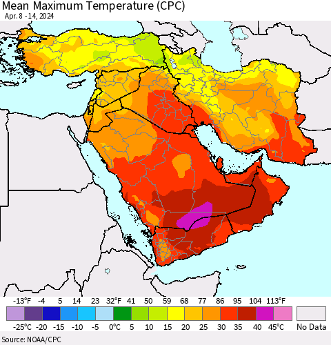 Middle East and Turkey Mean Maximum Temperature (CPC) Thematic Map For 4/8/2024 - 4/14/2024