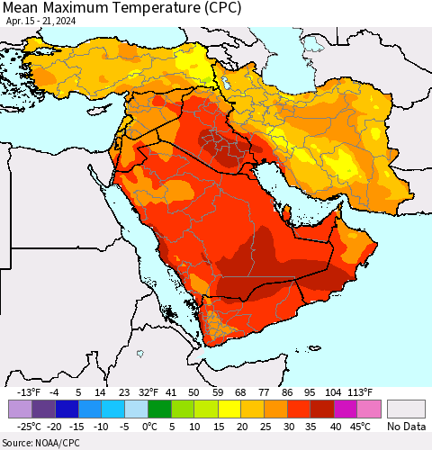 Middle East and Turkey Mean Maximum Temperature (CPC) Thematic Map For 4/15/2024 - 4/21/2024