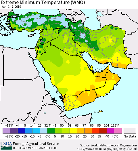 Middle East and Turkey Minimum Daily Temperature (WMO) Thematic Map For 4/1/2019 - 4/7/2019