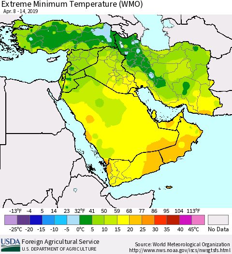Middle East and Turkey Minimum Daily Temperature (WMO) Thematic Map For 4/8/2019 - 4/14/2019