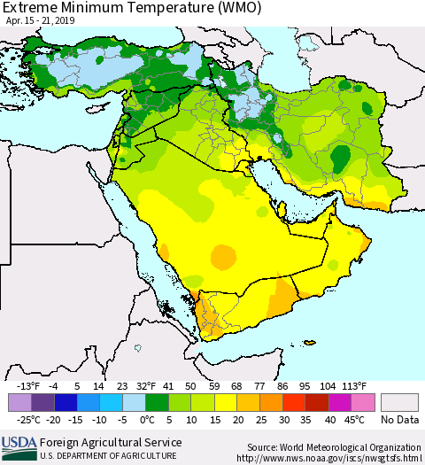 Middle East and Turkey Minimum Daily Temperature (WMO) Thematic Map For 4/15/2019 - 4/21/2019