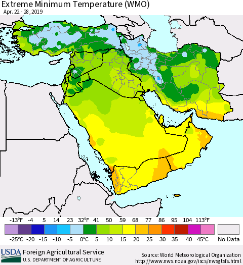 Middle East and Turkey Minimum Daily Temperature (WMO) Thematic Map For 4/22/2019 - 4/28/2019