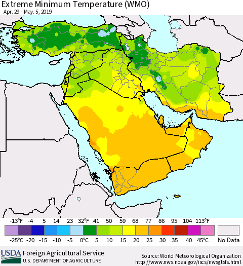 Middle East and Turkey Minimum Daily Temperature (WMO) Thematic Map For 4/29/2019 - 5/5/2019