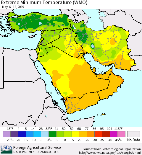 Middle East and Turkey Minimum Daily Temperature (WMO) Thematic Map For 5/6/2019 - 5/12/2019