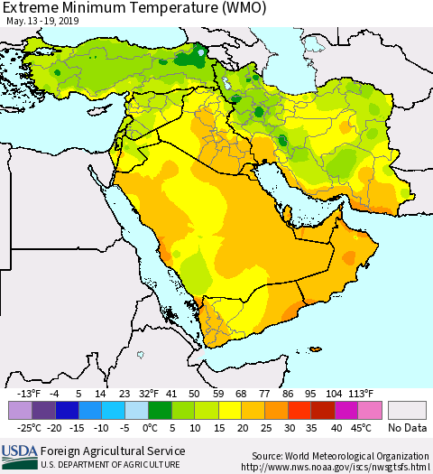 Middle East and Turkey Minimum Daily Temperature (WMO) Thematic Map For 5/13/2019 - 5/19/2019