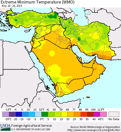 Middle East and Turkey Minimum Daily Temperature (WMO) Thematic Map For 5/20/2019 - 5/26/2019