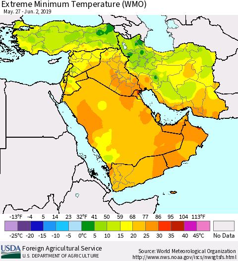 Middle East and Turkey Minimum Daily Temperature (WMO) Thematic Map For 5/27/2019 - 6/2/2019