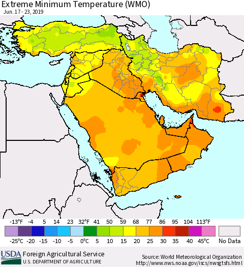 Middle East and Turkey Minimum Daily Temperature (WMO) Thematic Map For 6/17/2019 - 6/23/2019
