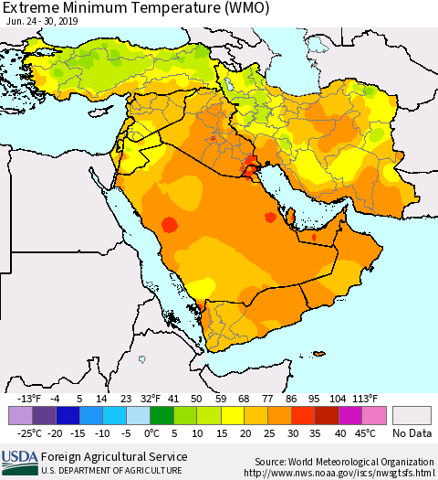 Middle East and Turkey Minimum Daily Temperature (WMO) Thematic Map For 6/24/2019 - 6/30/2019