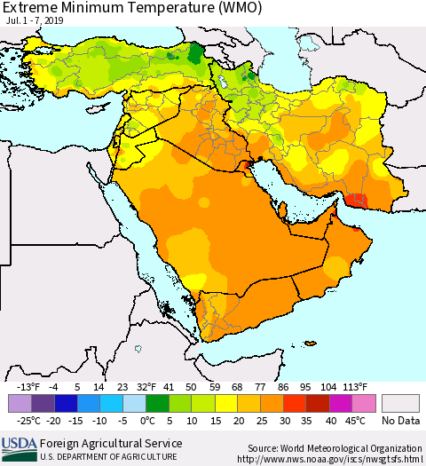 Middle East and Turkey Minimum Daily Temperature (WMO) Thematic Map For 7/1/2019 - 7/7/2019