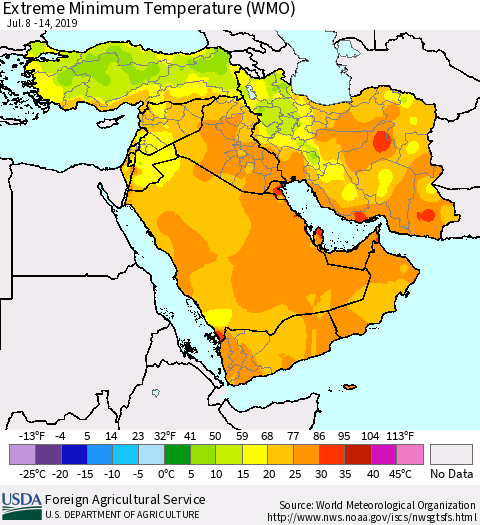 Middle East and Turkey Minimum Daily Temperature (WMO) Thematic Map For 7/8/2019 - 7/14/2019